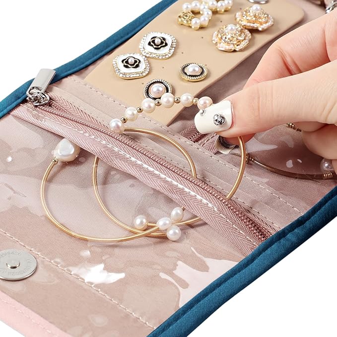 BELALIFE Travel Jewelry Case Organizer, Small Foldable Storage Roll for Earrings, Necklaces, Rings, Bracelets, Brooches, Lake-Blue