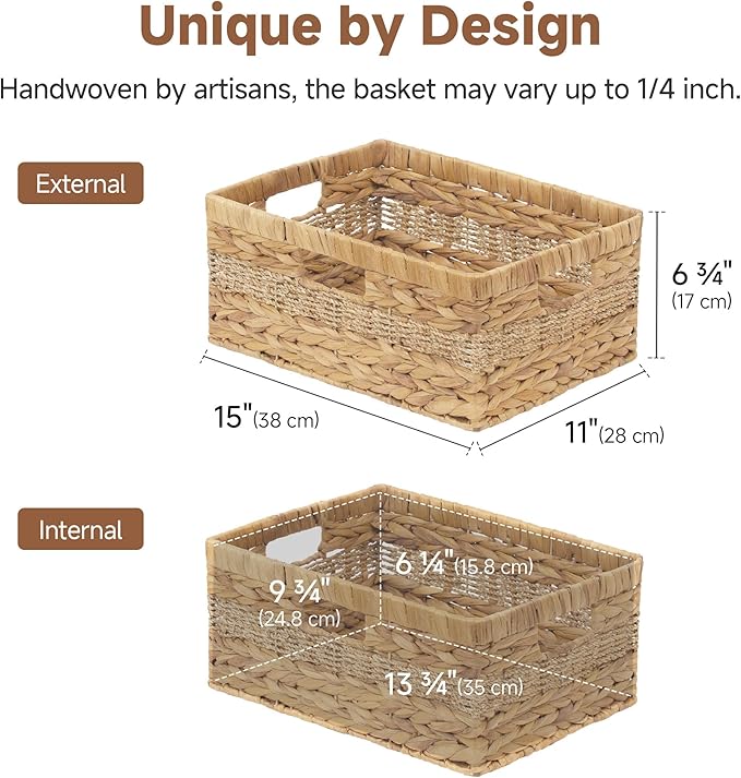 StorageWorks Large Rectangular Wicker Basket, Water Hyacinth and Seagrass Storage Basket with Built-in Handles, 1 Pack
