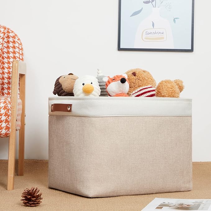 DULLEMELO 2-Pack Large Storage Baskets for Organizing 16"x12"x12" Canvas Fabric Storage Basket Bins With Leather Handles for Shelf Clothes Empty Gift Basket (White&Khaki)