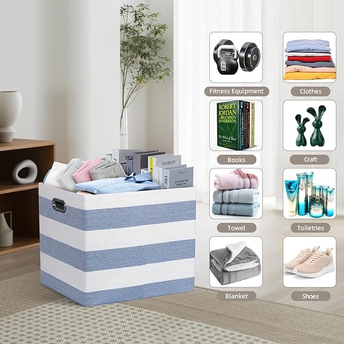 13x15x13 Storage Cube Bins, Foldable Storage Cubes, Fabric Organizer Basket Bin, Striped Containers Decorative Storage Boxes for Shelves Wardrobe Closet Home Office, 4 Pack, Blue/White
