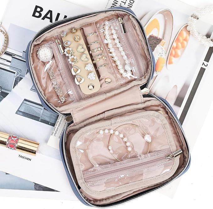 NISHEL Travel Jewelry Case, Holiday Organizer for Necklaces, Earrings, Rings, Bracelets, Watch,Small,Aegean-Blue