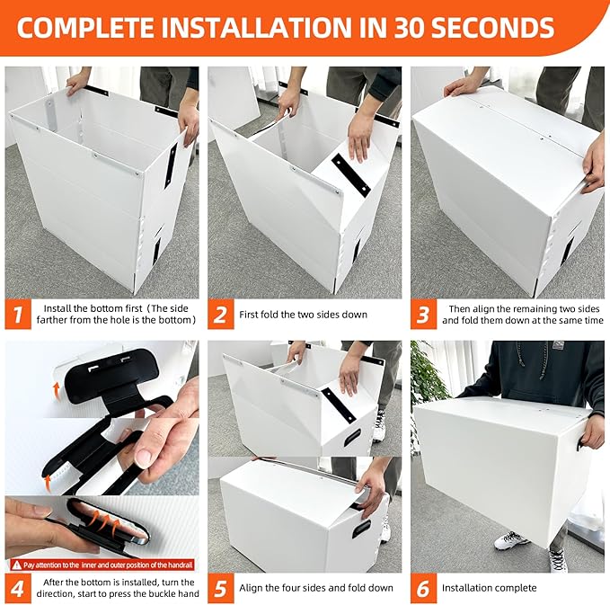 plastic storage bins with lids containers,80qt(23.6"x15"x13.4") 6pack,collapsible reusable moving boxes with handles stackable storage bins,Double-layer hollow shock-absorbing material,white