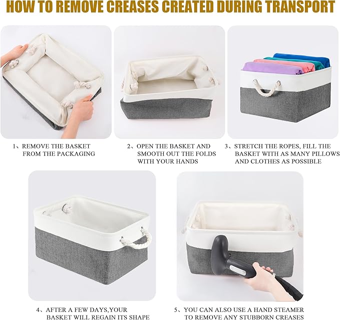 Storage Bins with Sturdy Cotton Handles(1 Pack), Fabric Storage Baskets for Organizing use for Office & Home, Book, Clothes, Toys, Closet Boxes (Medium, Grey-White, 14.2x10.2x7.1 inches)