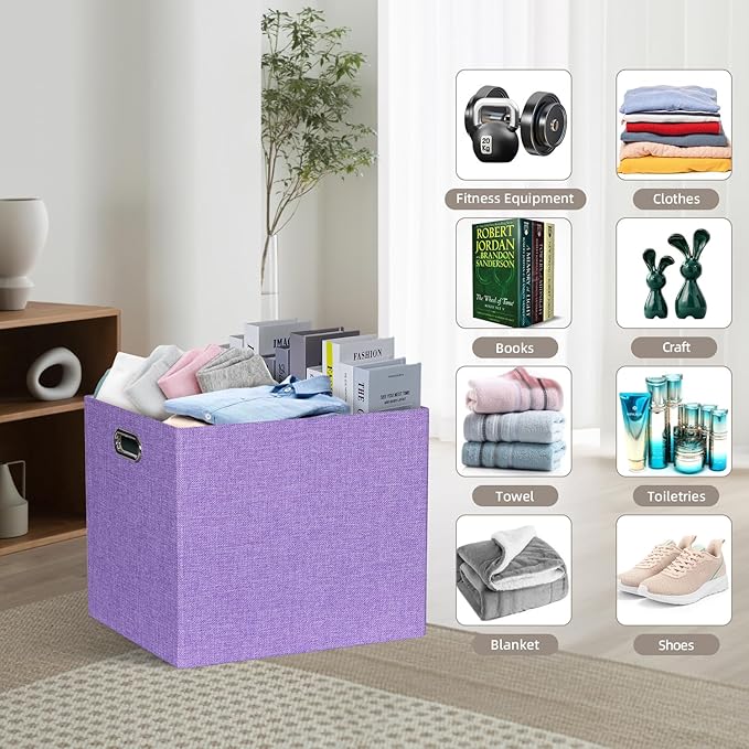 13x15x13 Storage Cube Bins, Foldable Storage Cubes, Fabric Organizer Basket Bin, Solid Containers Decorative Storage Boxes for Shelves Wardrobe Closet Home Office, 4 Pack, Purple