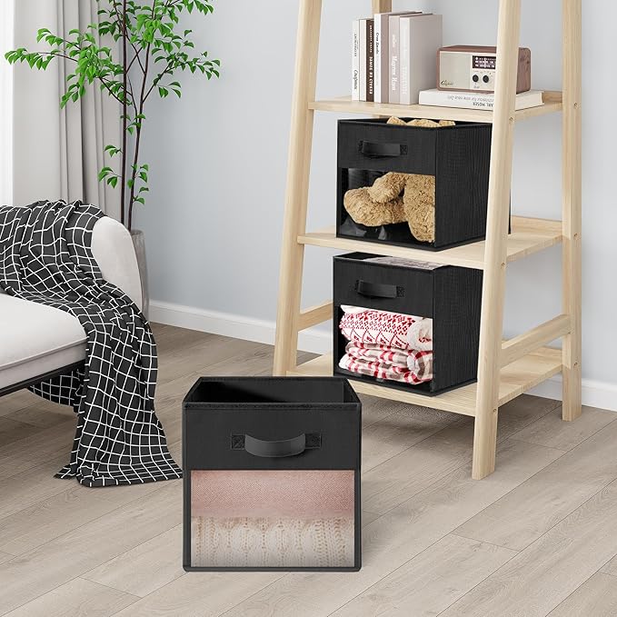 Storage Bins with Clear Window, 11x11 Storage Cubes, Collapsible Cube Storage Box, Fabric Closet Organizers with Handles for Home, Office, Shelf, Closets, Living Room, Black, 6 Pack