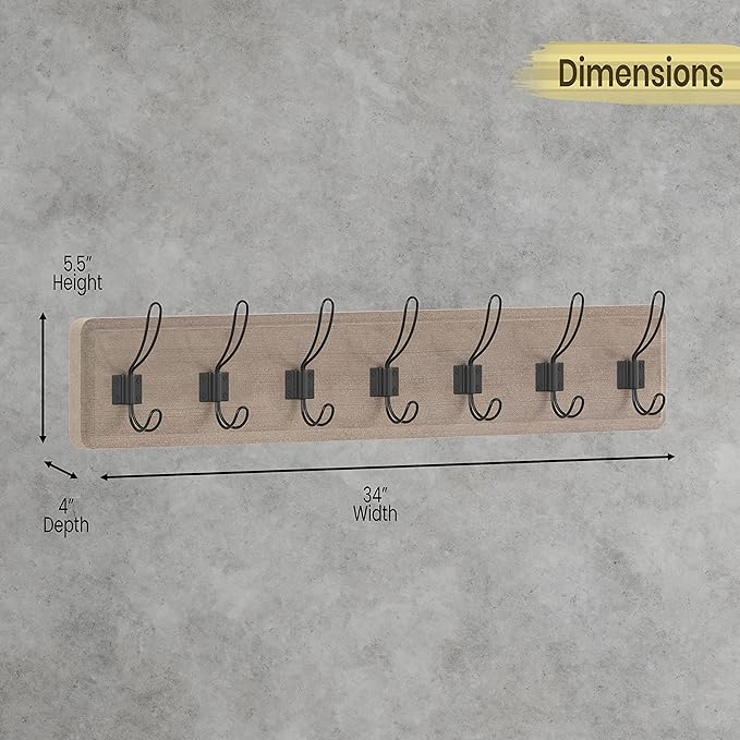 HBCY Creations Weathered Solid Wood Wall Mounted Coat Rack with Shelf, 7 Hooks, 34" Long - Kitchen, Mudroom, Entryway, Bathroom - Includes Mounting Hardware, Coat Hanger, Dog Leash Hooks, Towel Rack