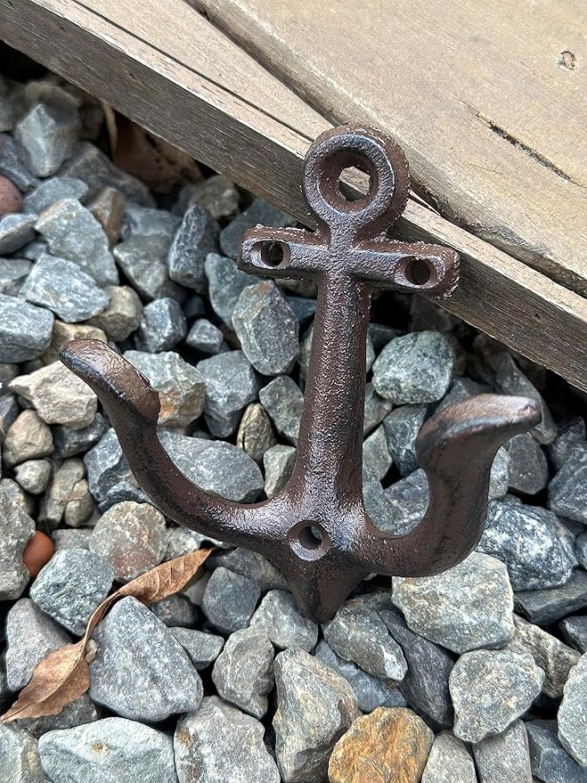 KiaoTime (Rusty Brown Vintage Rustic Cast Iron Nautical Anchor Design Wall Hook Coat Hook Rack, Decorative Wall Mounted Antique Shabby Chic Metal Home Bath Room Towel Coat Hook Hanger