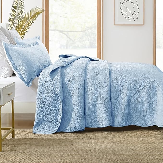 MarCielo 3-Piece 100% Cotton Oversized Bedspread Lightweight Quilt Coverlet Embroidery Farmhouse Bedding Set (Tf Light Blue, Oversized King (118"x106"))