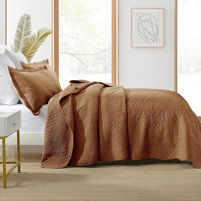 MarCielo 3-Piece 100% Cotton Oversized Bedspread Lightweight Quilt Coverlet Embroidery Farmhouse Bedding Set (Tf Dusty Orange, Oversized King (118"x106"))