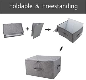 Folding Storage Box with Zip Lid and Handles, Rigid Storage Baskets With Linen Fabric& Plastic Board, Closet Shelf Drawers,Dark Gray, 2 pcs