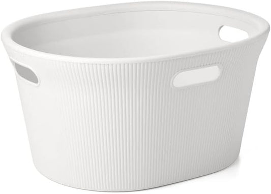 Superio Ribbed Collection - Decorative Plastic Laundry Basket with Cut-Out Handles, White (1 Pack) Hamper Organzier for Bedroom Bathroom College Dorm Room 35 Liter…