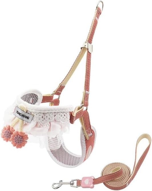 Pink Sunflower Y-Harness Leash for Small Dogs & Cats - Adjustable Pet Lead (3.3-22lbs), 5ft Reflective Safety Leash with Padded Vest, Chihuahua/Yorkie/Pomeranian (S（3.3-11ib）)