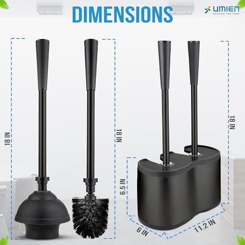UMIEN 2 Pack Toilet Brush and Plunger Set 18-in - Updated 2025 No-Rust - Stainless Steel Design - Long Handles - with Freestanding Canister (Matte Black)