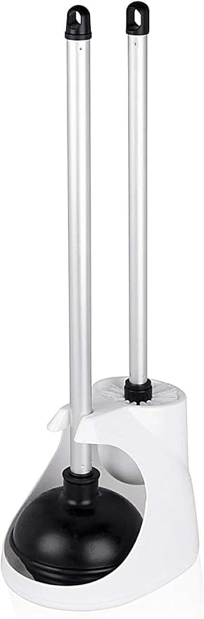NEIKO 60167A Toilet Plunger with Holder for Brush and Bathroom Plunger Set, Clean Aluminum Handle, White Plunger Caddy, Toilet Brush Set for Cleaning Toilet Bowl