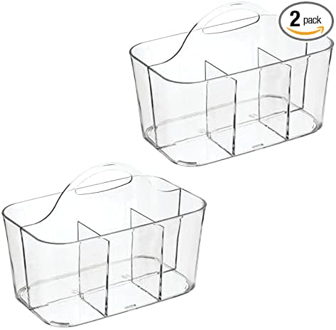 mDesign Plastic Makeup Storage Organizer Caddy Tote, Divided Basket Bin, Handle for Bathroom, Hold Eyeshadow Palettes, Nail Polish, Brushes, Shower Essentials, Small, Lumiere Collection, 2 Pack, Clear