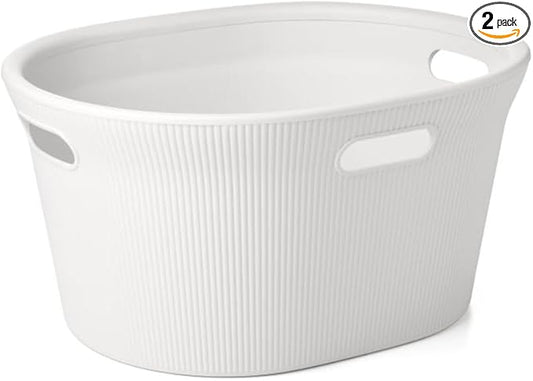 Superio Ribbed Collection - Decorative Plastic Laundry Basket with Cut-Out Handles, White (2 Pack) Hamper Organzier for Bedroom Bathroom College Dorm Room 35 Liter