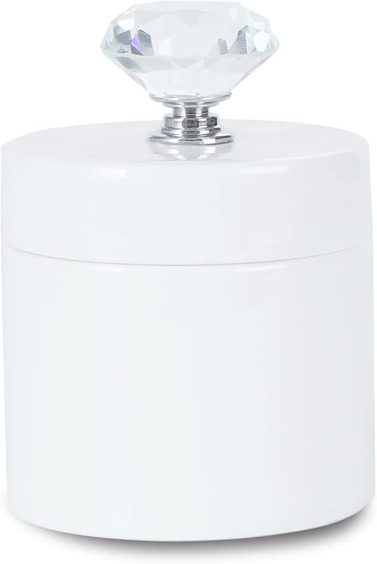 ONTUBE Porcelain Cotton Swabs Holder Organizer with Crystal Lid and Easy to Clean, White (Silver Lid,Set of 1)