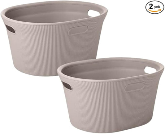 Superio Ribbed Collection - Decorative Plastic Laundry Basket with Cut-Out Handles, Taupe (2 Pack) Hamper Organzier for Bedroom Bathroom College Dorm Room 35 Liter