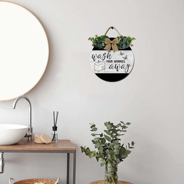 Bathroom Wall Art,Bathroom Sign,Rustic Round Wooden Wreath Sign,Funny Bathroom Signs For All The Seasons