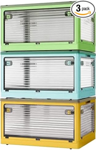 3 PACK Stackable Storage Bins, 50 Liters Closet Organizers with 3 Lids, Wheels, Drawers, Foldable Collapsible Box for Clothes and Camping Out Doors Bins, Mixed Color