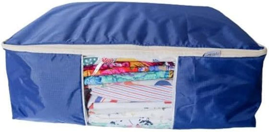 Madam Sew Quilt Blanket Storage Bag|Blanket Organizer|Comforter Storage for Clothes, Quilts, Bedding|Linen Bag Storage, Visible Front Panel, Strong Handles & 2-Way Zipper - Night Fall Blue 22x15x8"