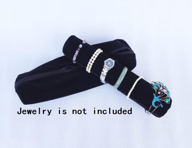 Bracelet Bangle Watch Roll Travel Pouch Jewelry Organizer, Black Gray Velvet Portable Zipper Pouch with Removable Roll Insert for Standard Size 12.5" W x 2.8" Diameter. (All black)