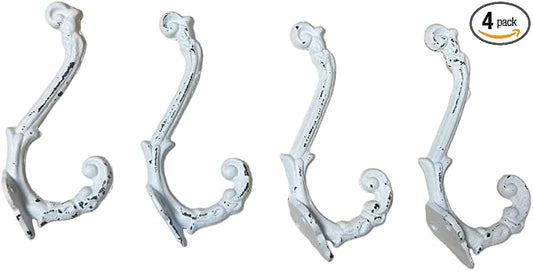 4 Pack Cast Iron Wall Hooks Antique Vintage Rustic Farmhouse Coat Hooks, Great for Coats, Bags, Towels, Hats, Mounting Screws Included