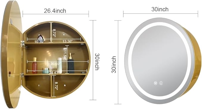 30 inch Round Medicine Cabinet with Lights,Led Medicine Cabinet with Defogger,Illuminated Mirror Cabinet for Bathroom,Dimmable,Defogger,3 Color Temperature 3000k-6500k Gold