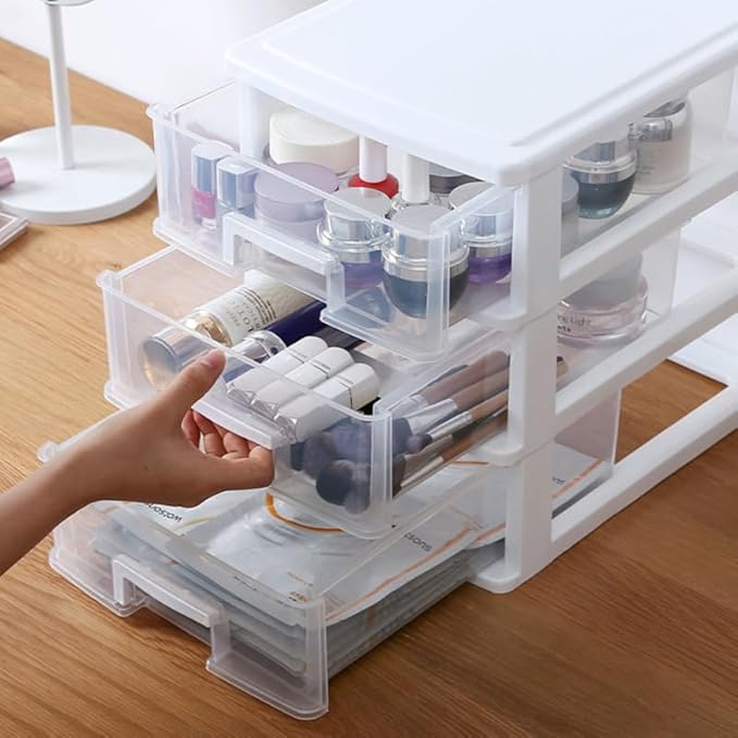 SAFIGLE 3 Layer Plastic Stackable Storage Drawer: Small Drawer-Type Desk Organizer Boxes for Home, Office, Craft Supplies - 11inch Acrylic Stackable Storage Bins to Space-Saving(White, Medium 3Drawer)
