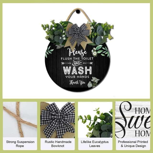 Bathroom Decor,Please Flush The Toilet and Wash Your Hands Thank You Sign,Rustic Round Wooden Wreath Sign,Bath Toilet Decoration for All The Seasons