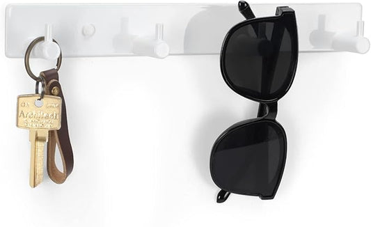 Key Holder for Wall, Black Key Rack with 4 Key Hooks to Hang Keyrings, Dog Leash, Umbrella, Sunglasses – Key Hanger with Mounting Hardware for Glass, Tile and Wood (10.9” x 1.4” x 1.0”) (White)