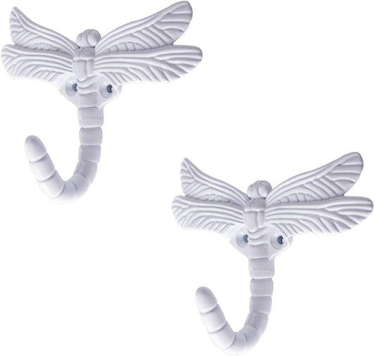 2pcs Dragonfly Coat Hooks Decorative Creativity Wall Mounted Hanger Hook for Home Handbag Key Towel Bathrobe (White)