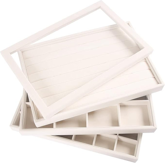 Coward Stackable Jewelry Trays Organizer Set with Clear Lid, Trays for Drawer, Earring Necklace Bracelet Ring Display Organizer (beige(ring+12girds+30girds+The glass lid))