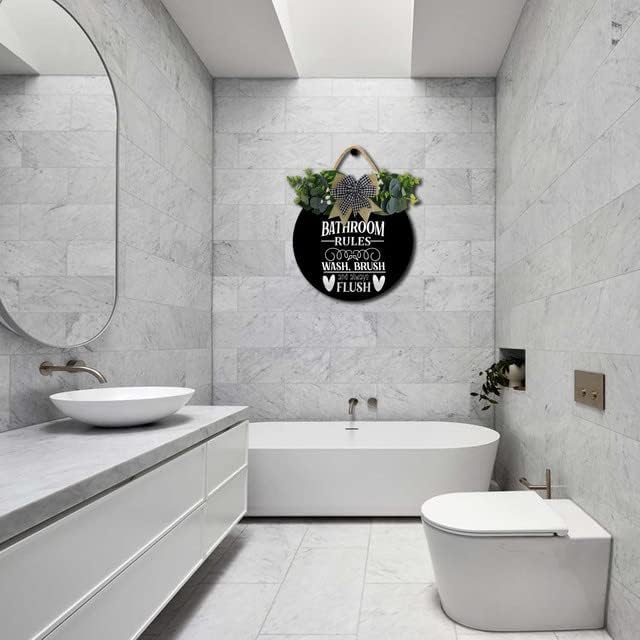 Farmhouse Bathroom Decor,Bathroom Rules Sign,Rustic Round Wooden Wreath Sign,Funny Bathroom Decor Wall Art For All The Seasons