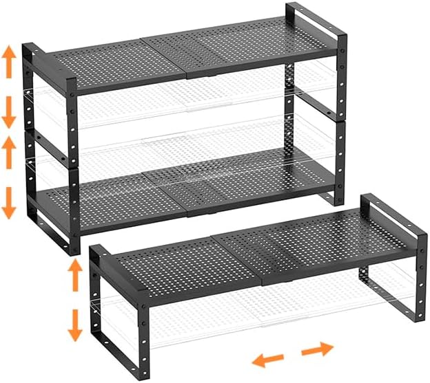 Multi-Functional Metal Shoe Rack,Expandable Adjustable Stackable Kitchen Organizer,Metal Shelf risers for cabinets, Kitchens and Closet, Bathroom(3Packs/Black/Medium)