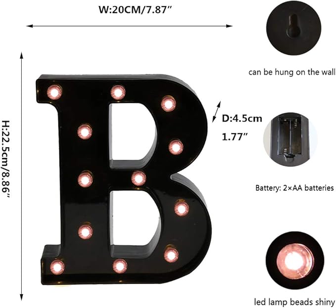 Light Up Black Alphabet Marquee Letters Sign LED Marquee Number Lights Sign for Night Light Home Bar Christmas Lamp Birthday Party Wedding Decorations B
