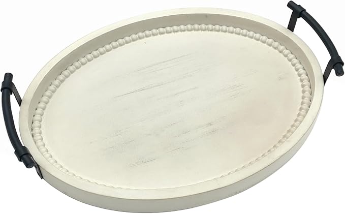 Oval Rustic Wooden Decorative Tray, Serving Tray with Metal Handles, Ottoman Coffee Table Tray, Farmhouse Centerpiece for Kitchen or Living Room (White)