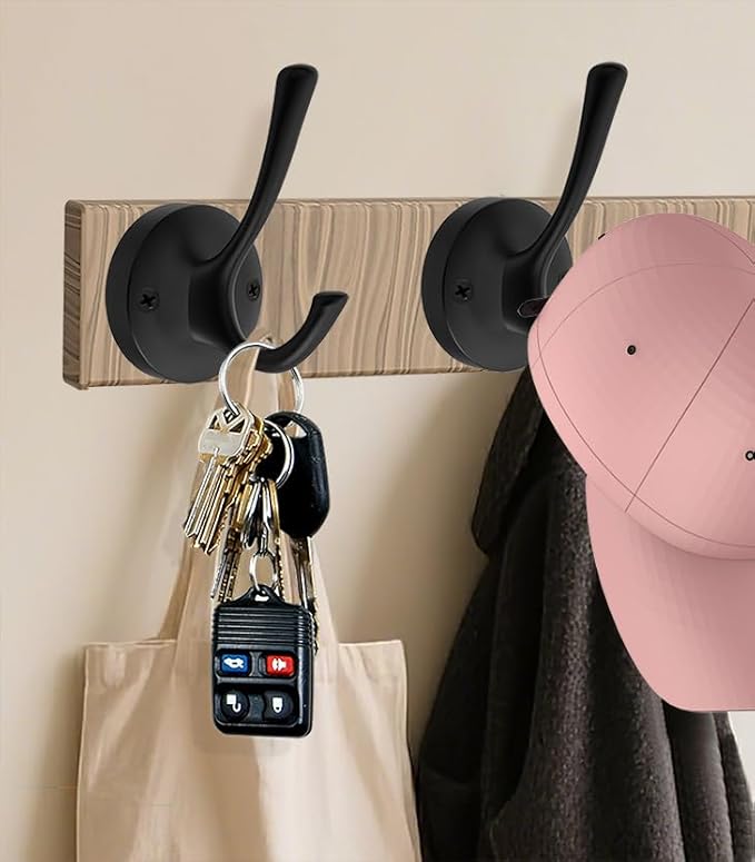 Black Wall Hooks Towel Hooks, 3 Pack Coat Hooks Robe Hook Heavy Duty Metal Double Bath Hook Wall Mounted, Hand Towel Hooks for Entryway Bathroom Kitchen Closet Garage