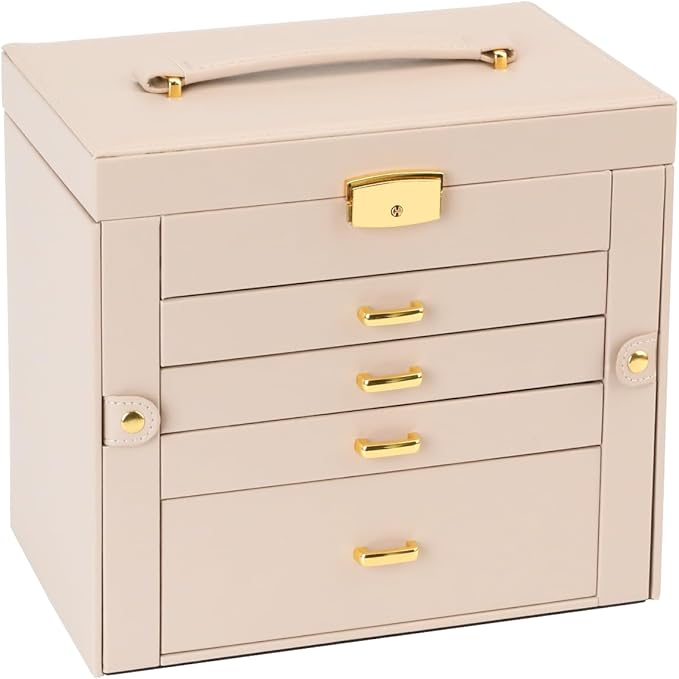 Jewelry Box, Women's Jewelry Organizer with Mirror, 5 Layers & 4 Drawers, Apricot