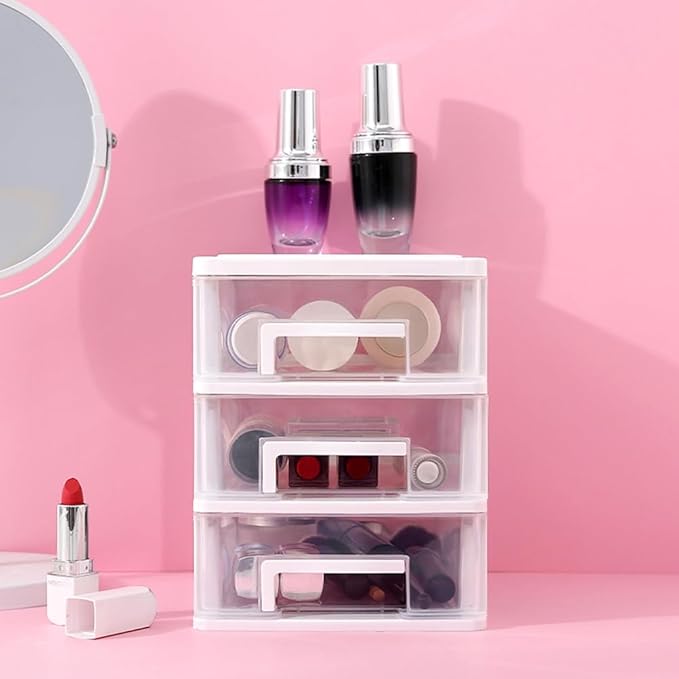 SAFIGLE 3 Layer Plastic Stackable Storage Drawer: Small Drawer-Type Desk Organizer Boxes for Home, Office, Craft Supplies - 11inch Acrylic Stackable Storage Bins to Space-Saving(White, Medium 3Drawer)