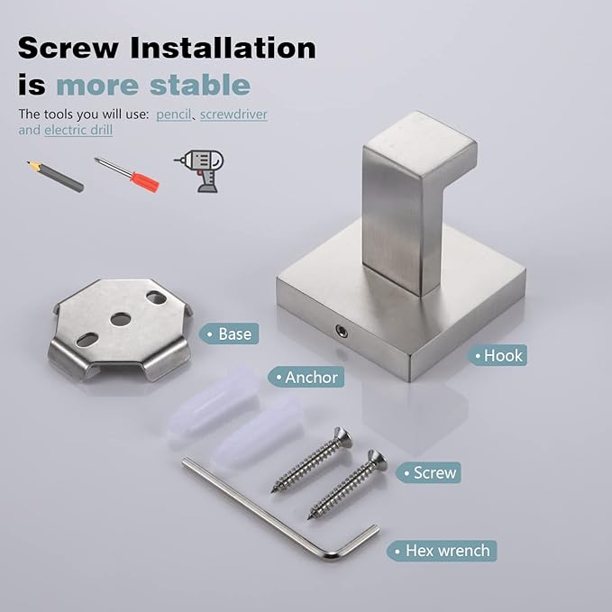 KOKOSIRI Bath Towel Hook Wall Mount Square Robe Hook Coat Hook, Bathroom Kitchen Garage Heavy Duty Wall Mounted, SUS 304 Stainless Steel, Brushed Nickel, B1010BR-P2