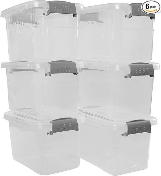 5 L Plastic Lidded Storage Bin, 6 Pack Clear Latch Container Box with Handle