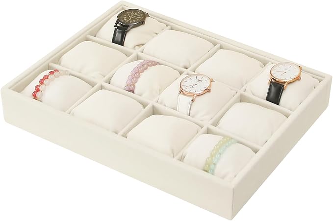 Coward Beige Velvet Watch Bangle Organizer Tray, Velvet 12 Grids Tray for Watches Bracelets Jade Bangle Holder Selling Show