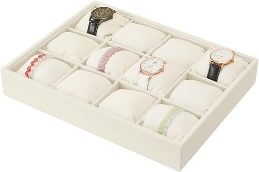 Coward Beige Velvet Watch Bangle Organizer Tray, Velvet 12 Grids Tray for Watches Bracelets Jade Bangle Holder Selling Show