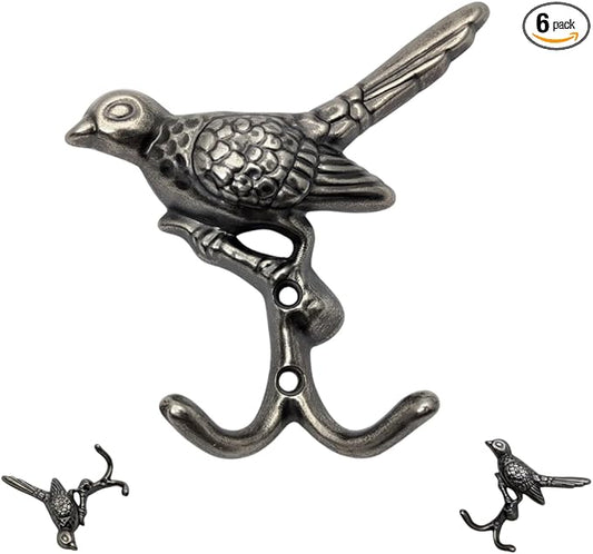 6 pcs Antique Silver Bird Decorative Wall Hooks for Hanging Coats, Keys, Towels, Bags, and More