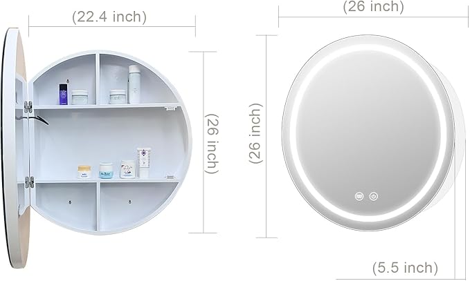 26inch Round Medicine Cabinet with Lights,Led Medicine Cabinet with Demister,Illuminated Bathroom Mirror Cabinet,Dimmable,Anti-Fog,3 Color Temperature,White