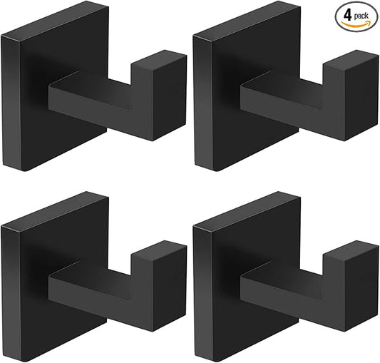 IBosins 4 Pack Towel Hooks Hand Towel Holder for Bathroom Wall Livingroom Bedroom Kitchen Closet Heavy Duty Stainless Steel Hook Hanger for Robe, Bath Towel, Coat (Square Matte Black)