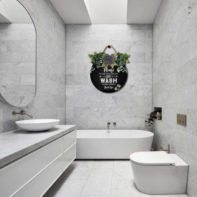 Bathroom Decor,Please Flush The Toilet and Wash Your Hands Thank You Sign,Rustic Round Wooden Wreath Sign,Bath Toilet Decoration for All The Seasons