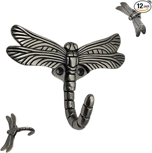 12 pcs Antique Silver Dragonfly Decorative Wall Hooks for Hanging Coats, Keys, Towels, Bags, and More