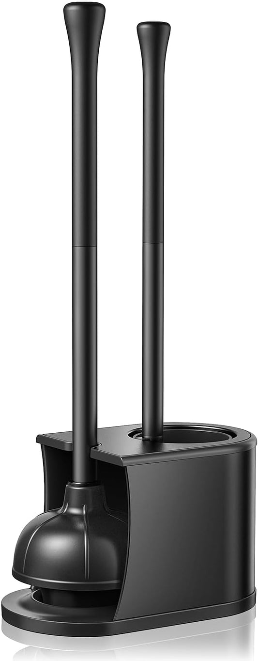 HAMITOR Toilet Plunger and Brush Set: 2 in 1 Stainless Steel Combo with Curved Bristles - Heavy Duty Toilet Unclogging for Family Bathroom - Compact Hideaway Apartment Cleaning Accessories - Black
